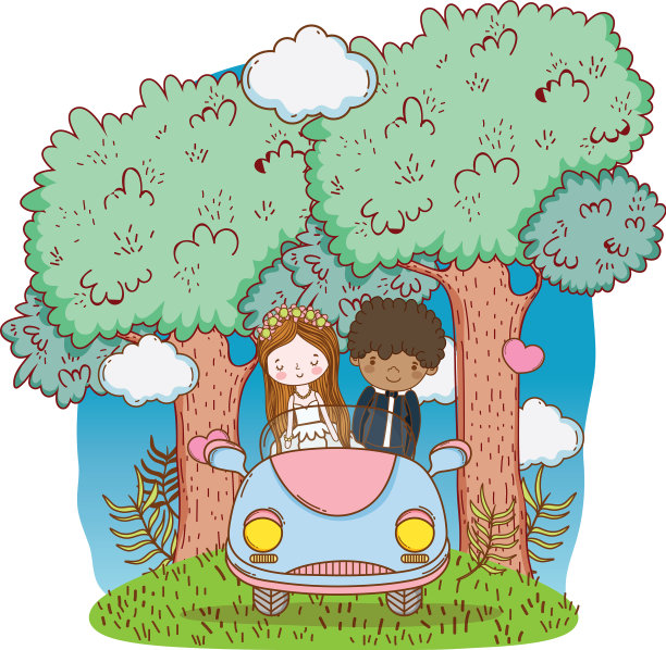 新婚夫妇车上可爱的卡通图片下载