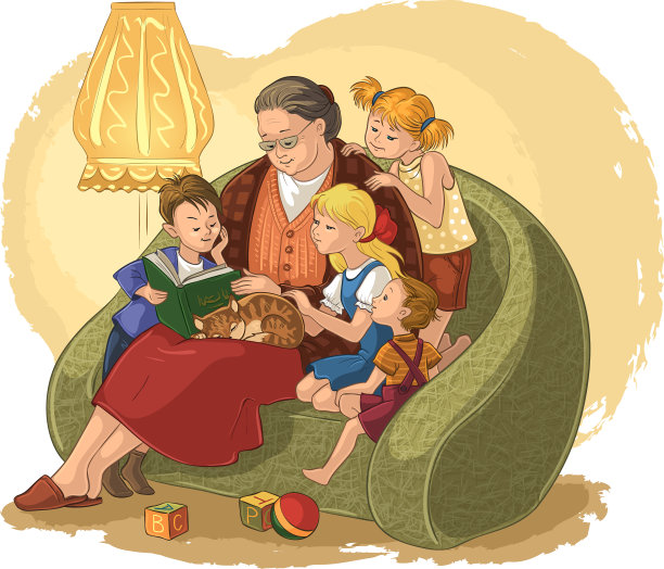 祖母正在给孙子孙女们读童话故事图片下载