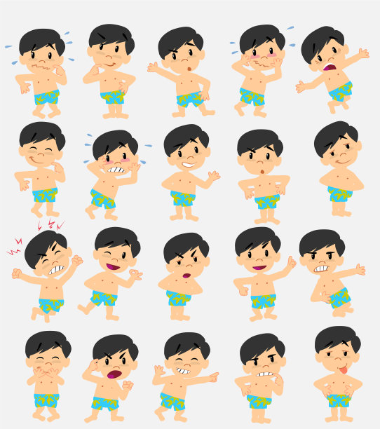卡通人物亚洲男孩在泳装设置图片下载