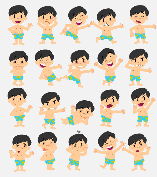卡通人物亚洲男孩在泳装设置图片下载