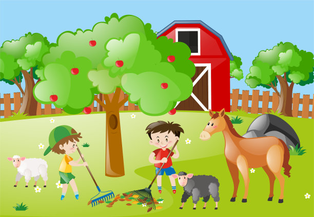 农场的场景与男孩耙树叶图片下载