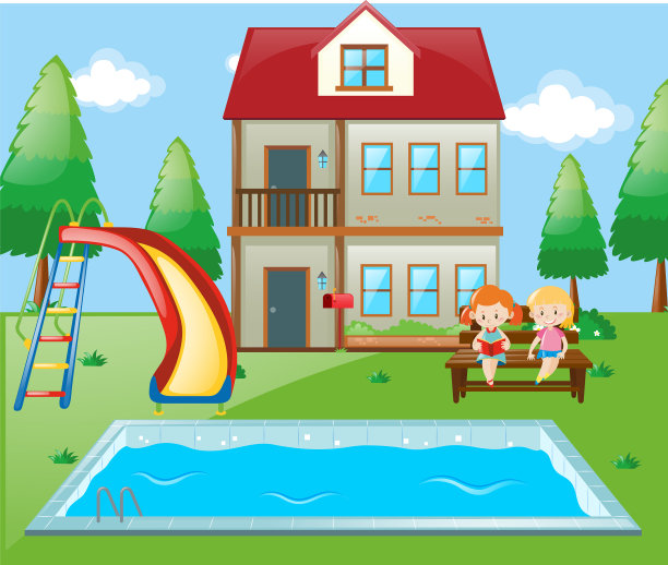 女孩们坐在家里的泳池边图片下载