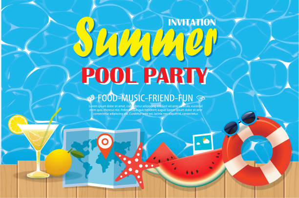 泳池派对邀请海报上有蓝色的水和图片下载