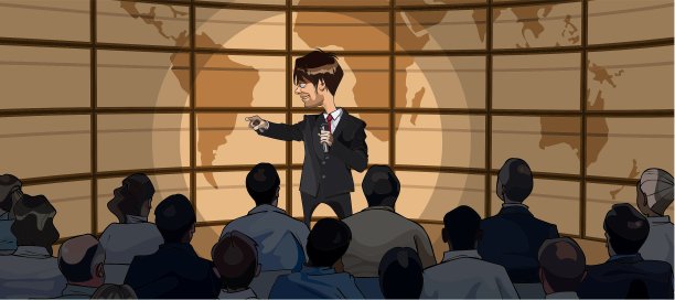 卡通人物穿着西装，手持麦克风图片下载