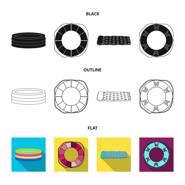 彩色游泳圈，黑色扁平轮廓图片下载