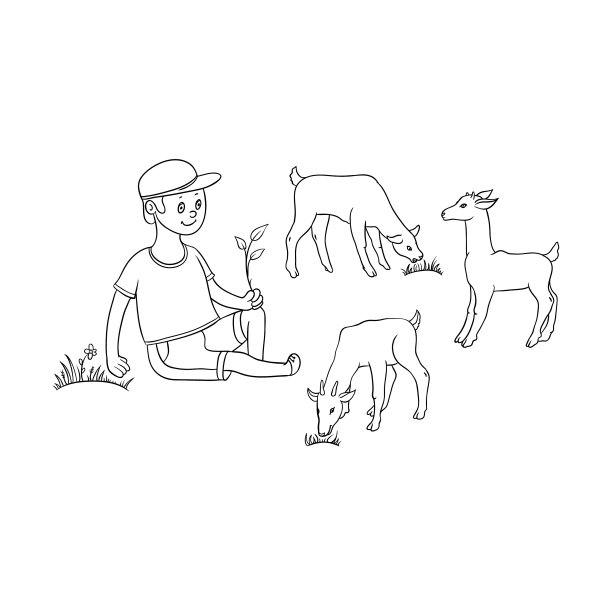 扁平的男孩坐在草地上吃山羊图片下载