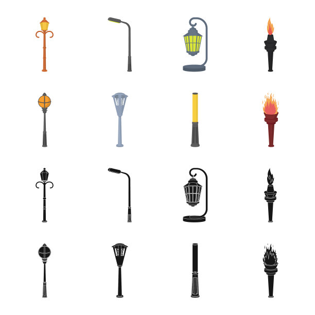灯柱有复古风格的现代灯笼和火把图片下载