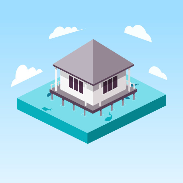 水上平房在海洋等距图片下载