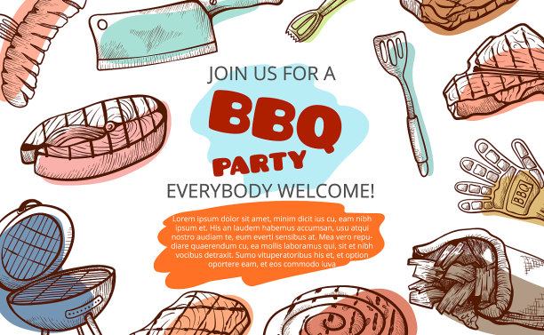 烧烤派对用的食物和工具横幅图片下载