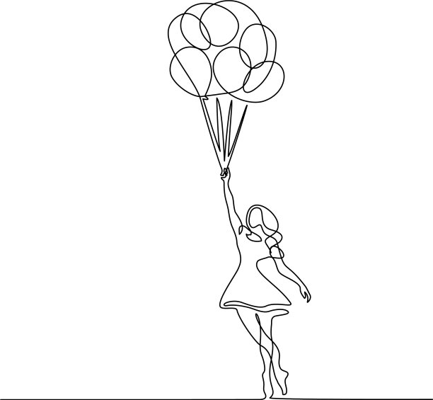女孩用气球连续飞行一行图片下载