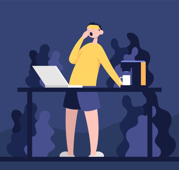 自由开发者看着笔记本电脑，晚上喝着咖啡。图片下载