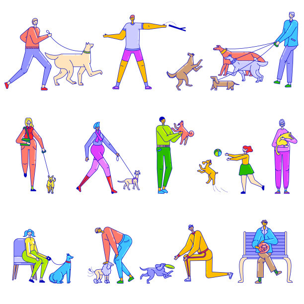 人物与宠物简笔画矢量动物插图图片下载