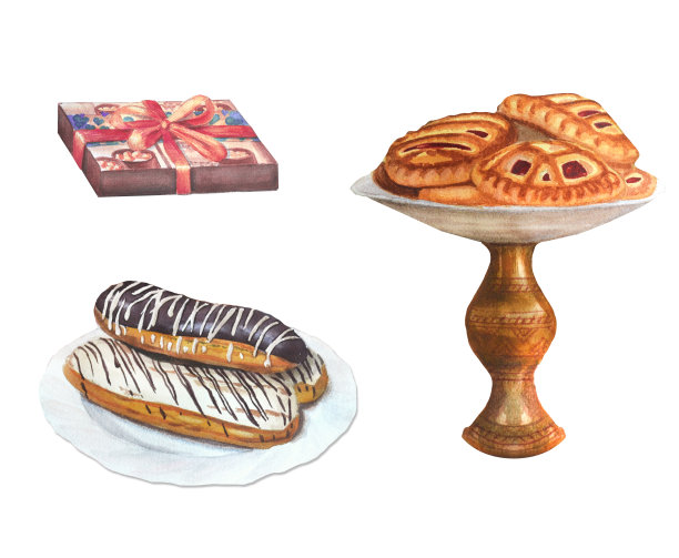 果酱饼干，一盒糖果，盘子里的泡芙。图片下载