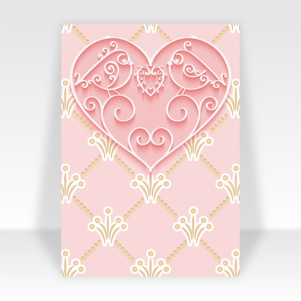 粉红色的情人节卡片，上面有一颗心和几只鸟图片下载