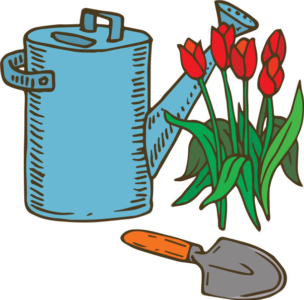 蓝色喷壶和郁金香图片下载