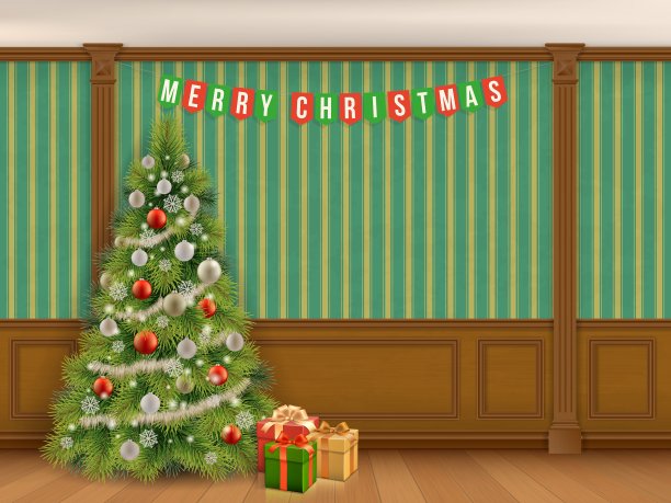 装有木制镶板的橱柜中的圣诞树图片下载