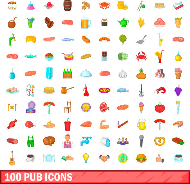 100酒吧图标设置卡通风格图片下载