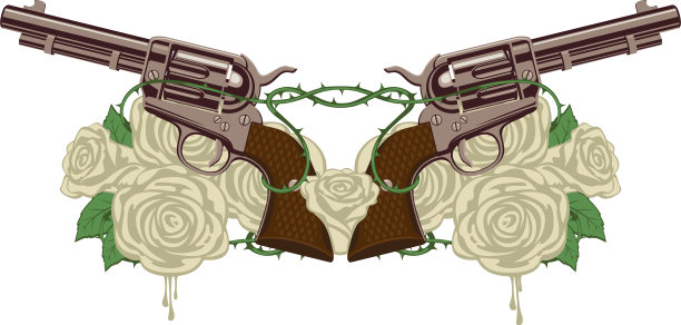 两支老式左轮手枪白玫瑰和带刺铁丝网图片下载