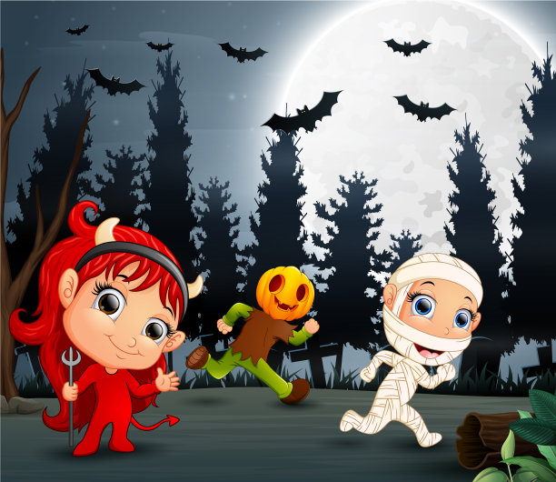 快乐的孩子们穿着万圣节服装在花园里图片下载