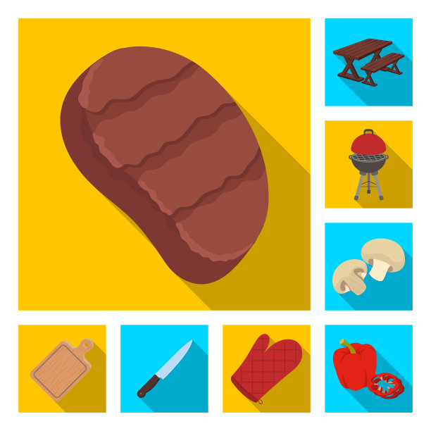 烧烤和设备平面图标设置图片下载