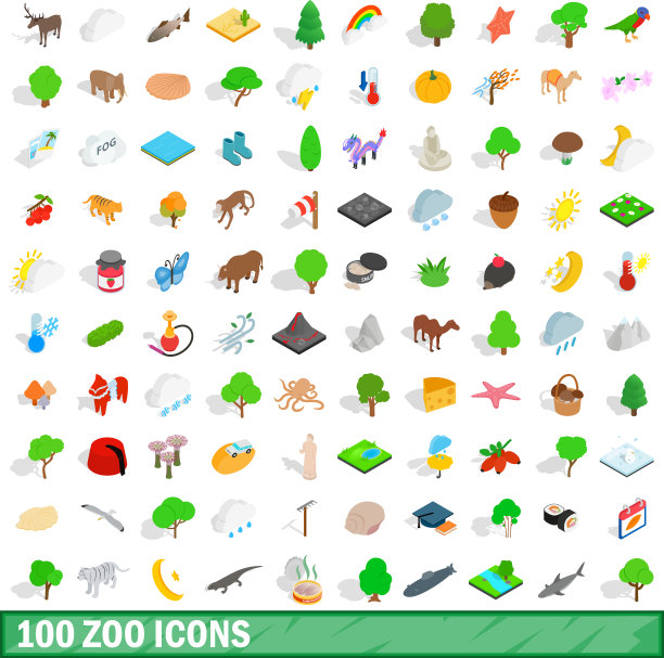 100个动物园图标设置等距3d风格图片下载