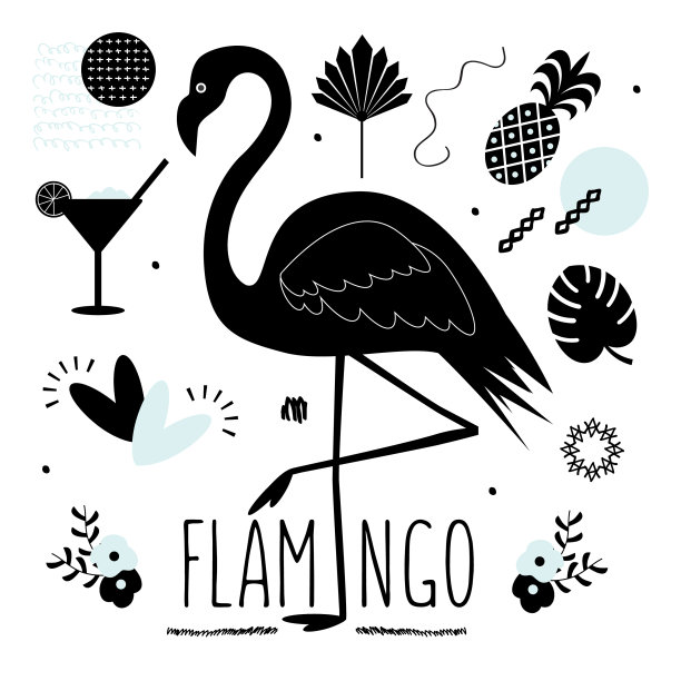 黑色剪影火烈鸟和夏季图标集图片下载