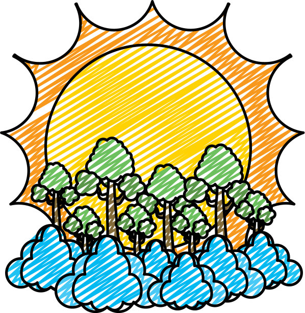 涂鸦太阳与异国情调的树木和云景观图片下载