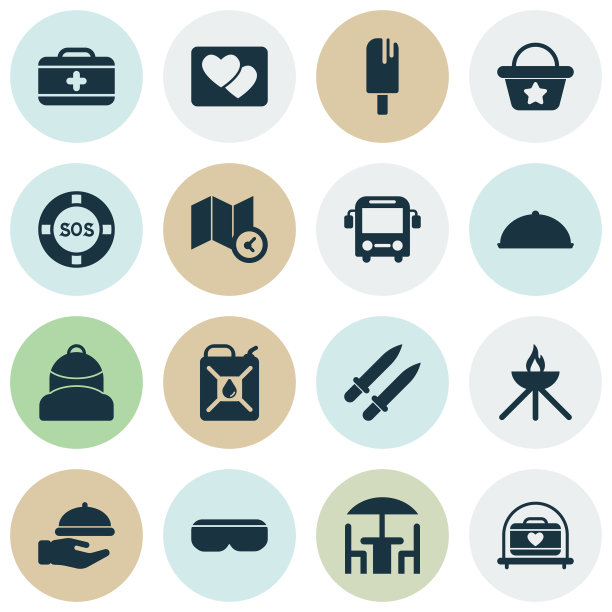 旅行图标设置与海滩袋图片汽油和图片下载