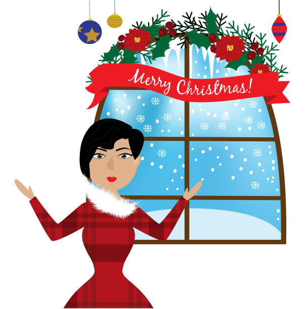 微笑的女人站在窗前圣诞节图片下载