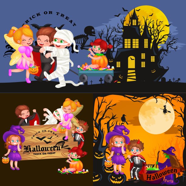 可爱的彩色万圣节的孩子们在服装为派对图片下载