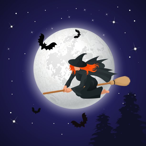 一个骑着扫帚的女巫的剪影图片下载