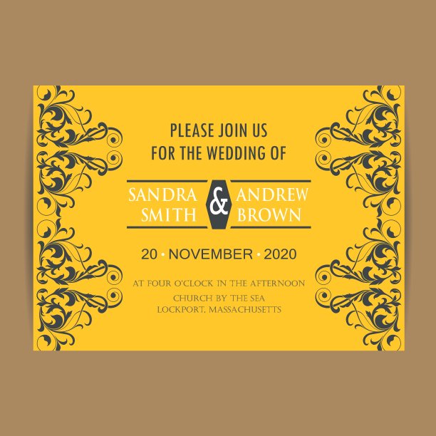 婚礼复古黄色请帖图片下载