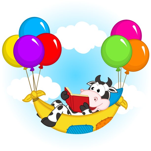 奶牛看书，在吊床上飞气球图片下载