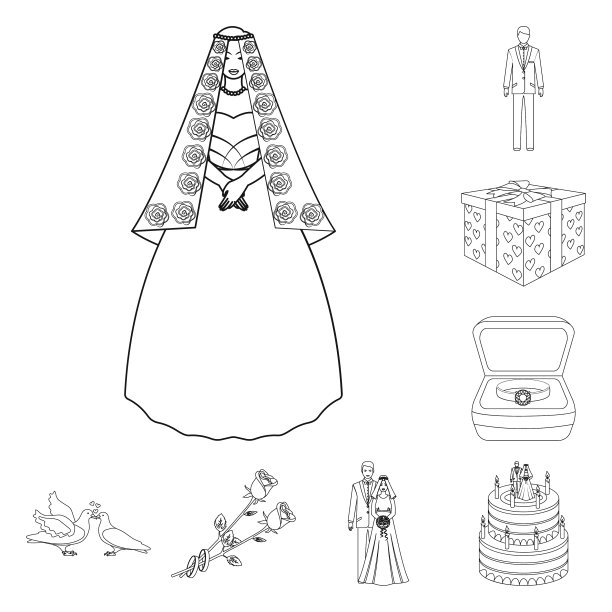 婚礼和属性概述图标集图片下载