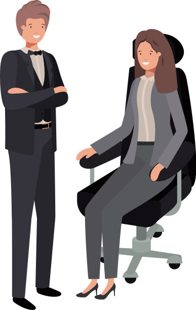 女人坐在办公椅上，男人站着图片下载