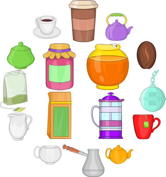 卡通风格的茶和咖啡套装图片下载