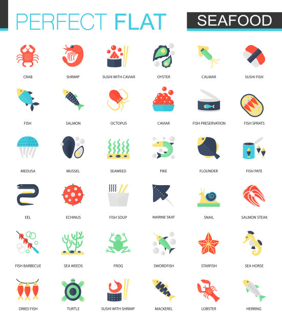 一套平坦的海鲜图标图片下载
