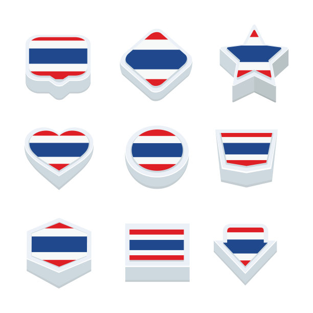 泰国国旗图标和按钮设置9种风格图片下载