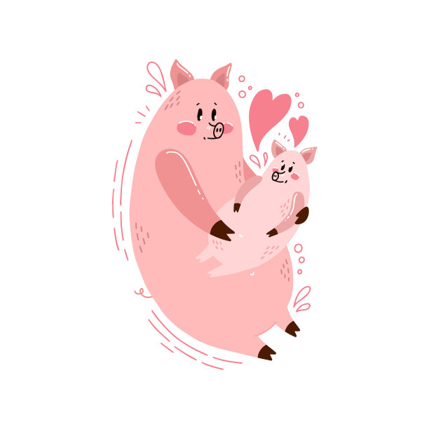 可爱的明信片，一个幸福的家庭和一个猪的图片图片下载