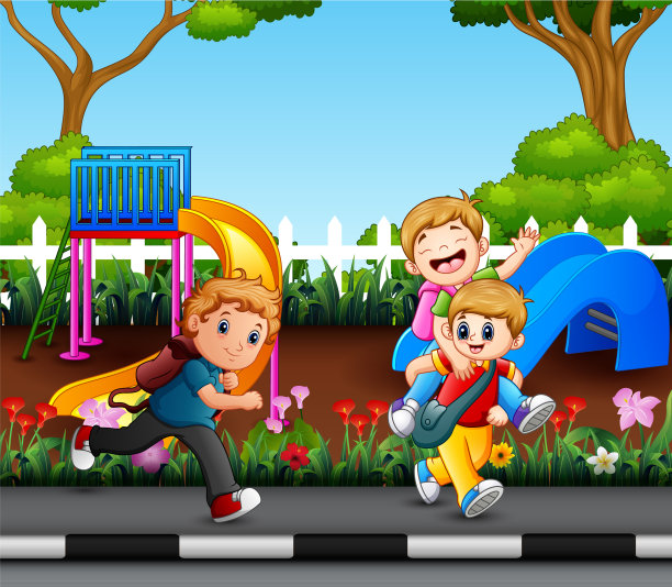 快乐的男孩在城市公园里奔跑图片下载