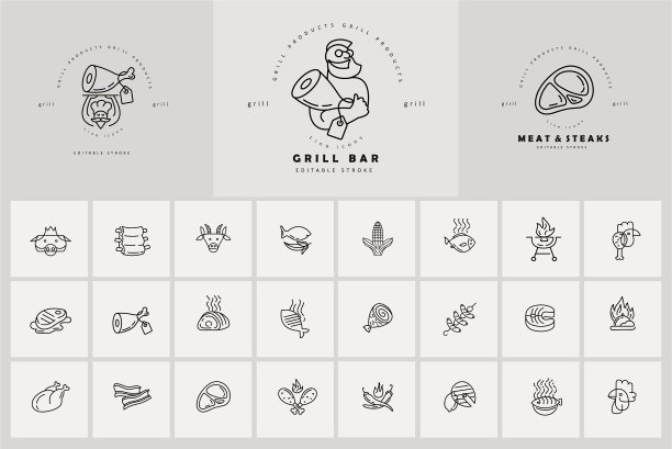 图标和标志的肉和烧烤咖啡馆或图片下载