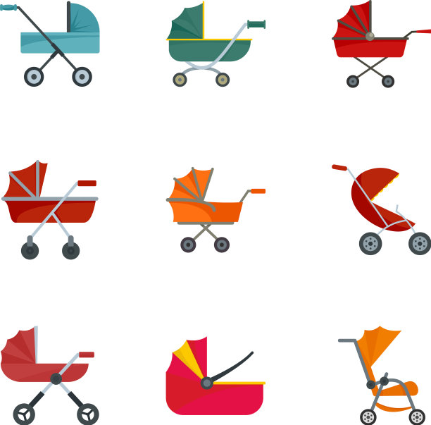 婴儿车图标设置扁平风格图片下载