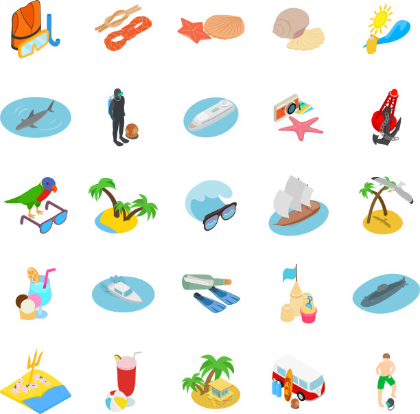 旅游潜水图标设置等距风格图片下载