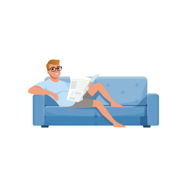 一个年轻人坐在蓝色的沙发上看书图片下载