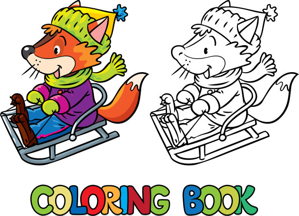 有趣的狐狸坐在雪橇上或雪橇着色书图片下载