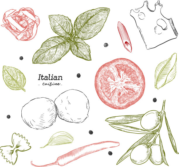 配意大利美食手绘图片下载