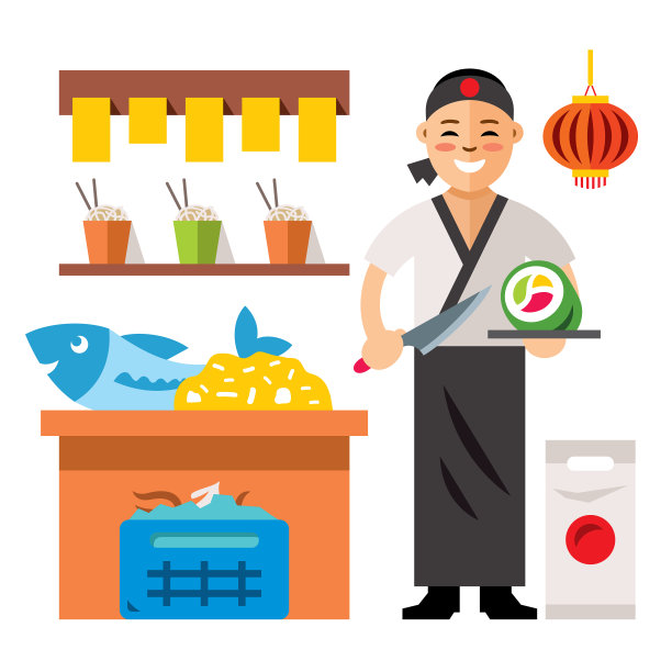 寿司师傅平铺风格彩色卡通图片下载