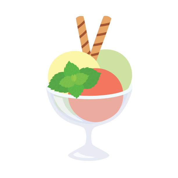 冰淇淋装在玻璃杯里，薄荷和华夫饼管图片下载