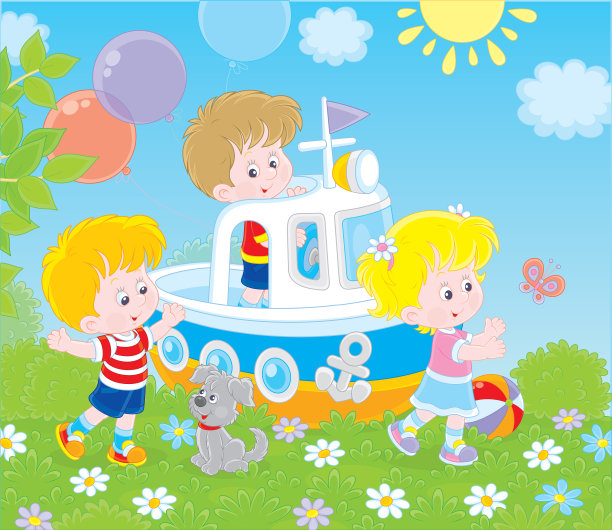 在操场上玩玩具船的孩子们图片下载