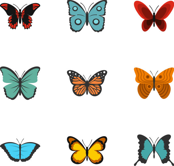 奇异的蝴蝶图标设置扁平风格图片下载